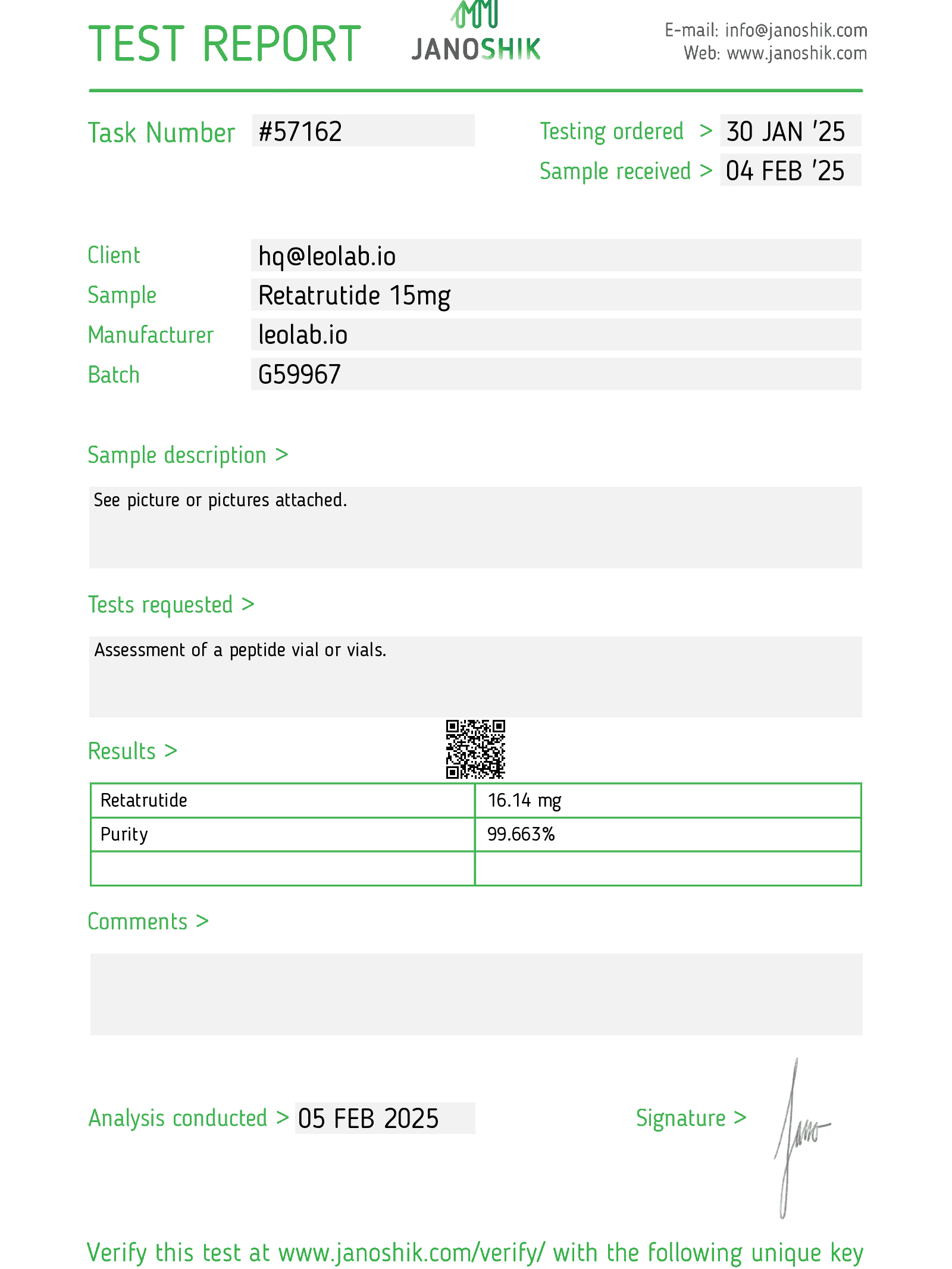 Retatrutide 15mg test by Janoshik | Leolab Peptides