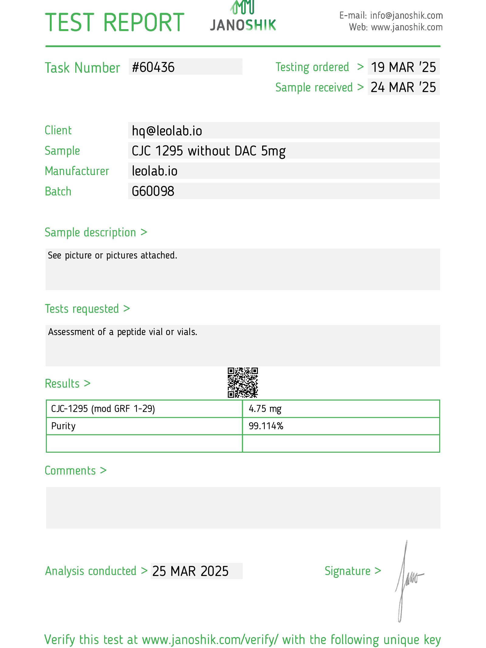 CJC-1295 5mg test by Janoshik | Leolab Peptides