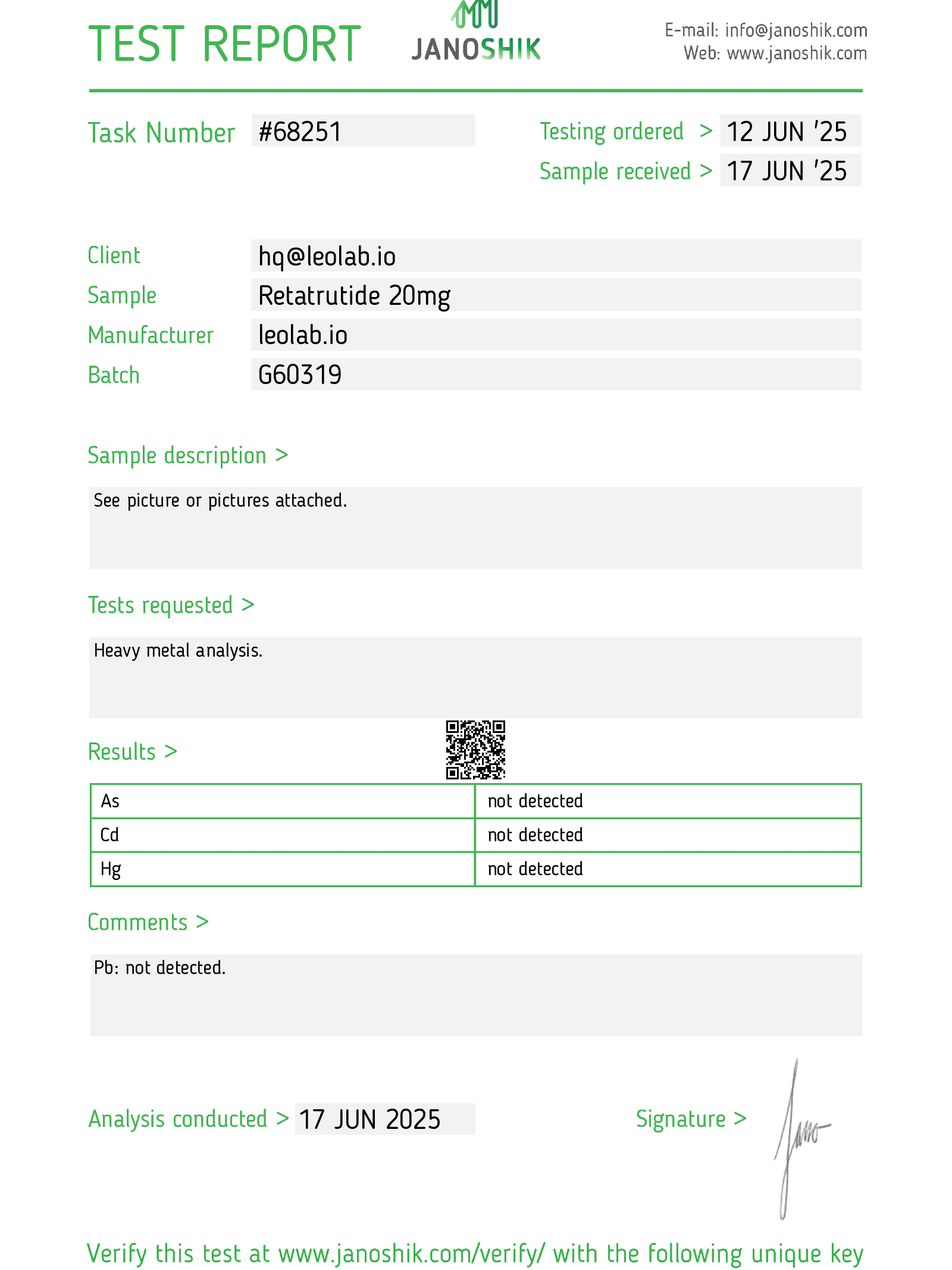 Retatrutide 20mg 3-rd party test report #68251